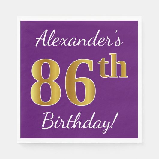 Serviette En Papier Purple, Faux Gold 86e anniversaire + Nom personnal (Devant)