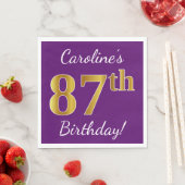 Serviette En Papier Purple, Faux Gold 87e anniversaire + Nom personnal (En situation)