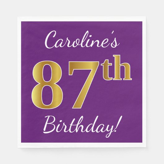 Serviette En Papier Purple, Faux Gold 87e anniversaire + Nom personnal (Devant)