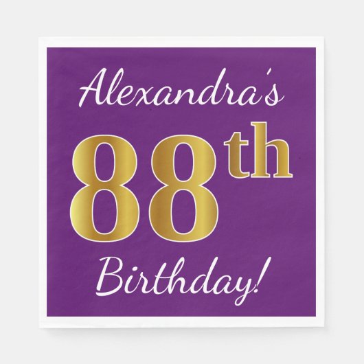 Serviette En Papier Purple, Faux Gold 88e anniversaire + Nom personnal (Devant)