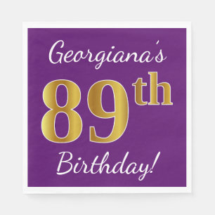 Serviette En Papier Purple, Faux Gold 89e anniversaire + Nom personnal