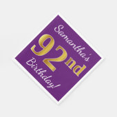 Serviette En Papier Purple, Faux Gold 92e anniversaire + Nom personnal (Coin)