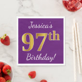 Serviette En Papier Purple, Faux Gold 97e anniversaire + Nom personnal (En situation)