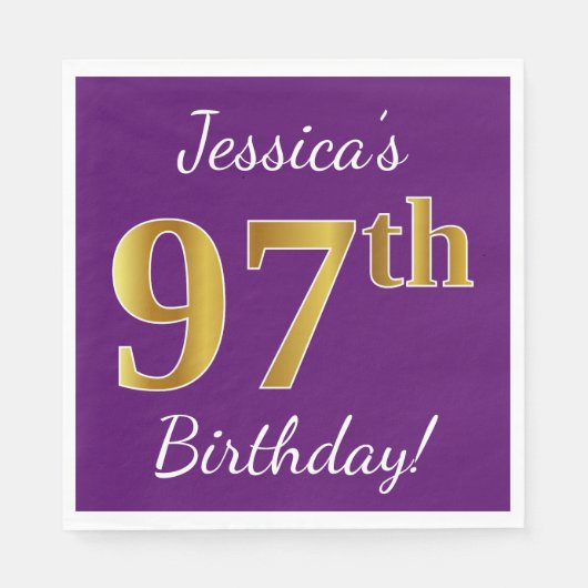 Serviette En Papier Purple, Faux Gold 97e anniversaire + Nom personnal (Devant)