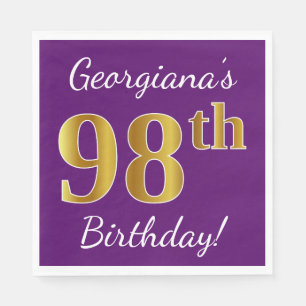 Serviette En Papier Purple, Faux Gold 98e anniversaire + Nom personnal