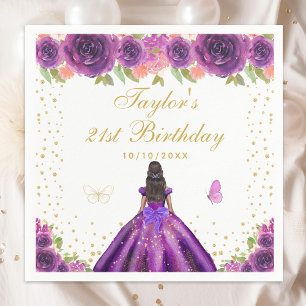 Serviette En Papier Purple Floral Peau foncée Princesse Anniversaire