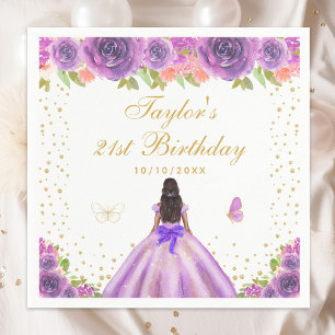 Serviette En Papier Purple Floral Peau foncée Princesse Anniversaire