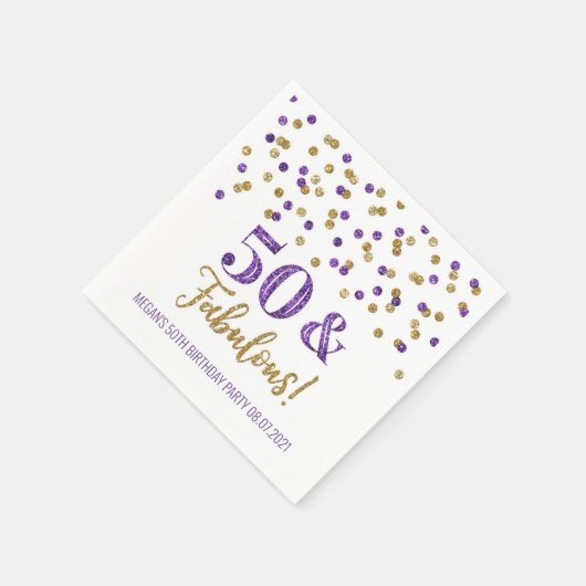 Serviette En Papier Purple Gold Confetti 50 & Fabuleux anniversaire (Coin)