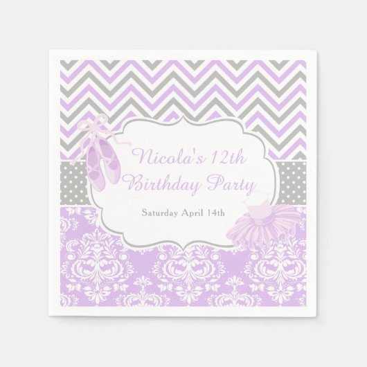 Serviette En Papier Purple & Grey Chevron Ballerina Anniversaire (Devant)