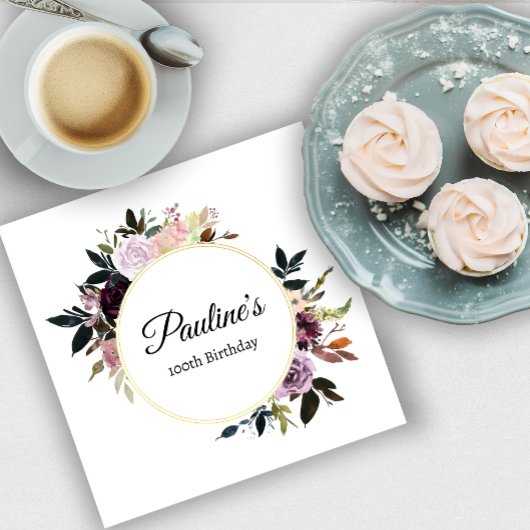 Serviette En Papier Purple Mauve Rose Floral 100e fête d'anniversaire