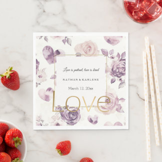 Serviette En Papier Purple Pink Flowers & Hearts Love Wedding