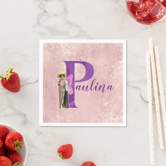 Serviette En Papier Purple Shimmer Illustré Lettre P Ajouter Nom (En situation)