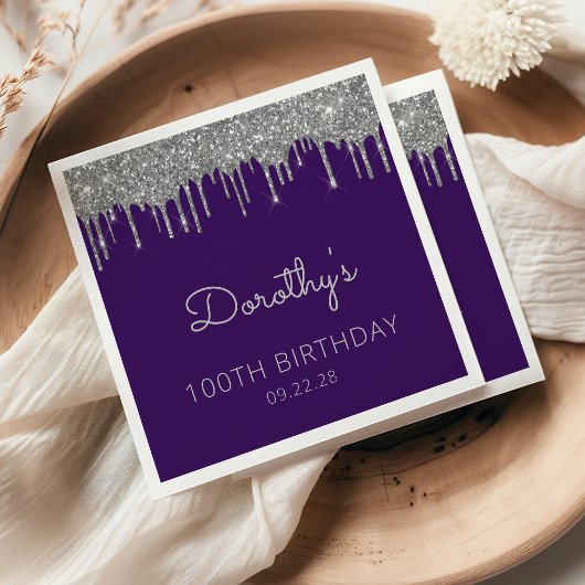 Serviette En Papier Purple Silver Parties scintillant Drip 100e fête d