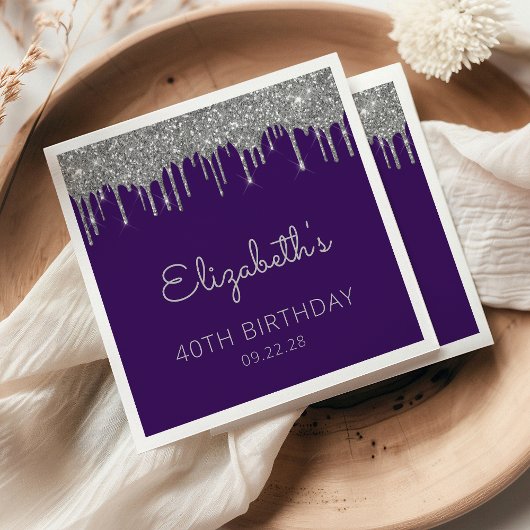 Serviette En Papier Purple Silver Parties scintillant Drip 40e fête d'