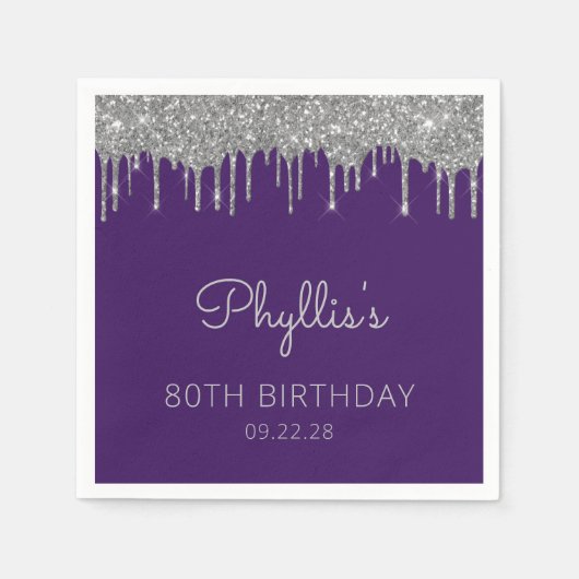 Serviette En Papier Purple Silver Parties scintillant Drip 80e fête d' (Devant)