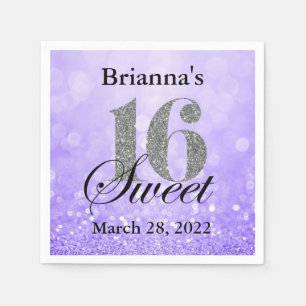 Serviette En Papier Purple Sweet 16 Parties scintillant d'argent perso