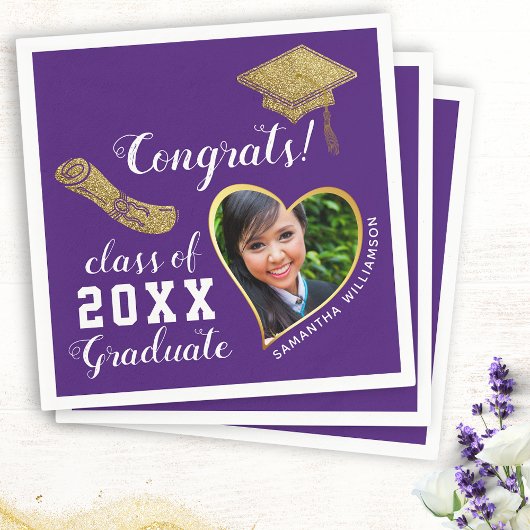Serviette En Papier Purple White Gold Class 2025 Grad Photo Graduation