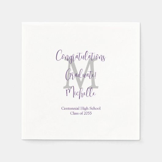Serviette En Papier Purple White Grey Monogrammed Graduation Party (Devant)