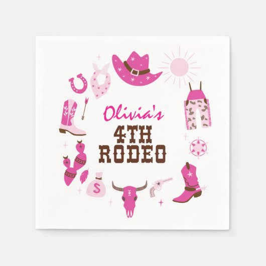 Serviette En Papier Quatrième rodéo rose cowboy occidental 4e annivers (Devant)