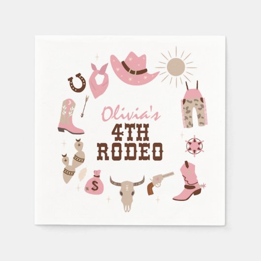 Serviette En Papier Quatrième rodéo rose cowboy occidental 4e annivers (Devant)