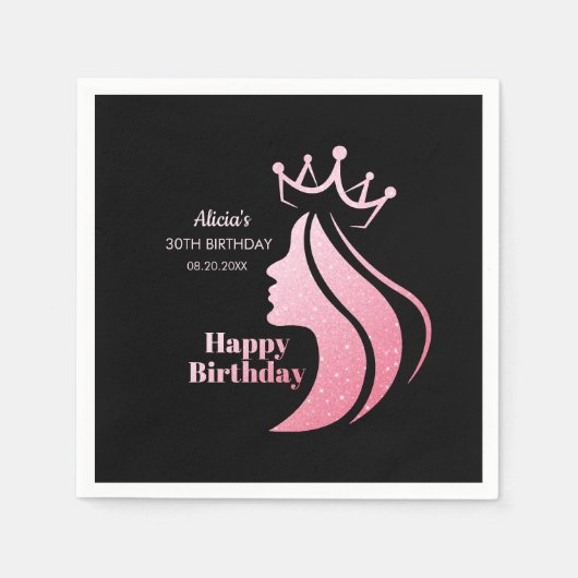 Serviette En Papier Queen Crown Parties scintillant rose Noir Joyeux a (Devant)