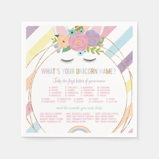 Serviette En Papier Quel est votre nom Unicorn Anniversaire fête (Devant)