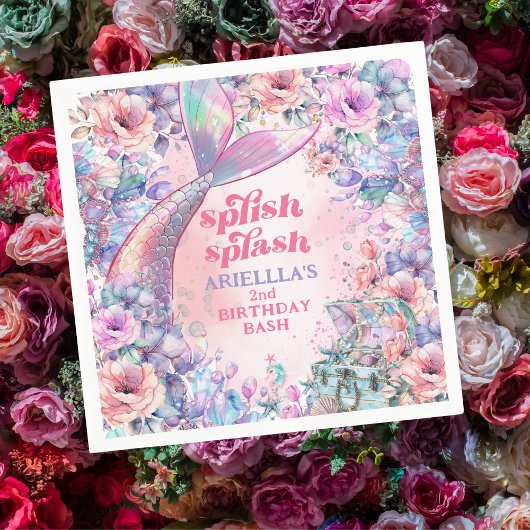 Serviette En Papier Queue de sirène pailletée de fleurs pour 2e annive