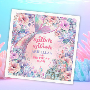 Serviette En Papier Queue de sirène pailletée de fleurs pour 8ème anni