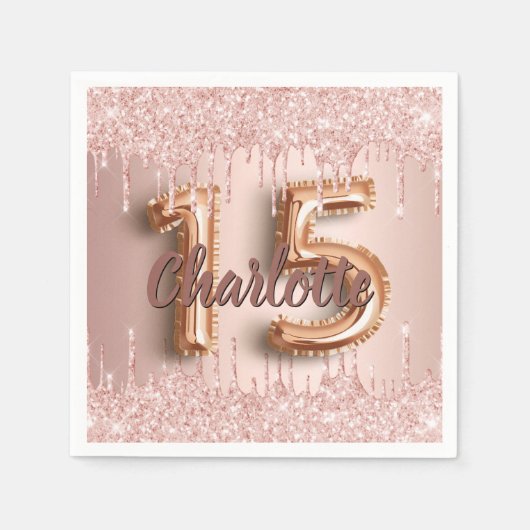 Serviette En Papier Quinceanera anniversaire rose gouttes d'or (Devant)