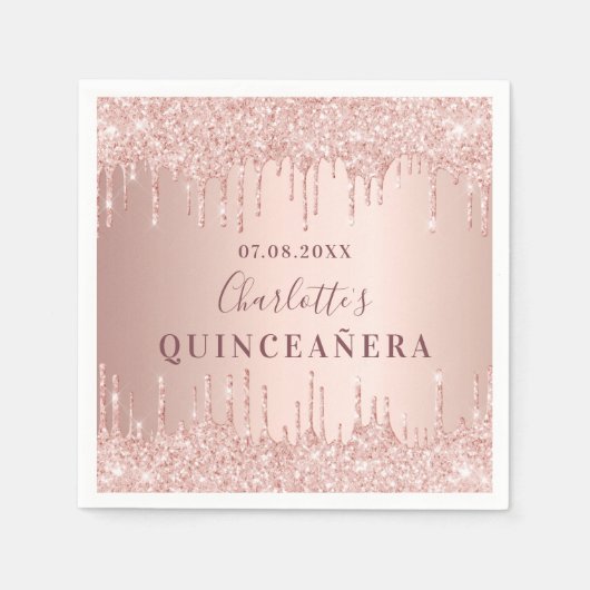 Serviette En Papier Quinceanera anniversaire rose or parties scintilla (Devant)
