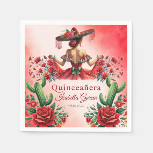 Serviette En Papier Quinceañera Aquarelle rouge Mexicaine fille mexica