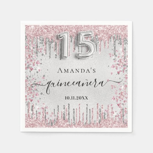 Serviette En Papier Quinceanera argent rose parties scintillant nom go (Devant)