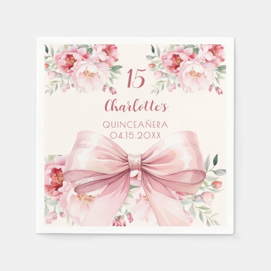 Serviette En Papier Quinceanera bleu crème arc rose fleurons rose (Devant)