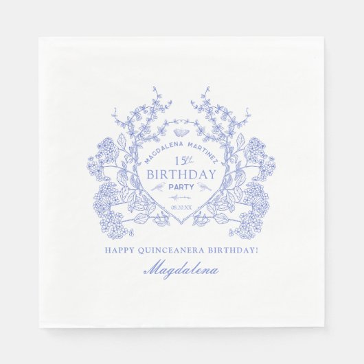 Serviette En Papier Quinceanera bleu français Floral Crest Custom (Devant)