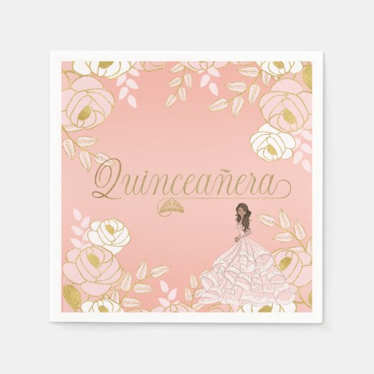 Serviette En Papier Quinceanera botanique en rose et or blanc (Devant)