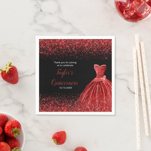 Serviette En Papier Quinceanera Bright Red Faux Parties scintillant (En situation)