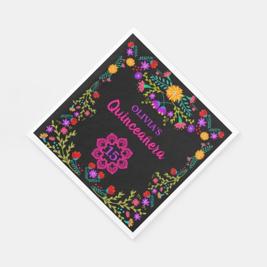 Serviette En Papier Quinceanera Fleurs de Fiesta Mexicaines Noir Anniv (Coin)