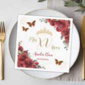Serviette En Papier Quinceanera Florale Rouge Papillons d'or d'anniver