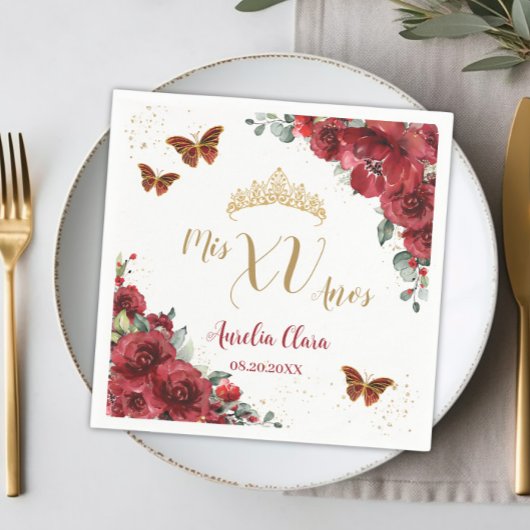 Serviette En Papier Quinceanera Florale Rouge Papillons d'or d'anniver