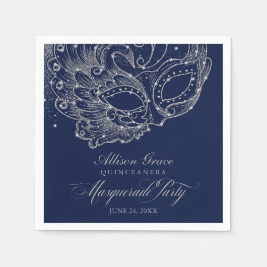 Serviette En Papier Quinceanera Masquerade Party Argent bleu (Devant)