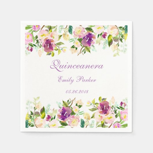 Serviette En Papier Quinceanera Napkin violet floral élégant (Devant)