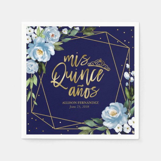 Serviette En Papier Quinceanera or bleu floral (Devant)