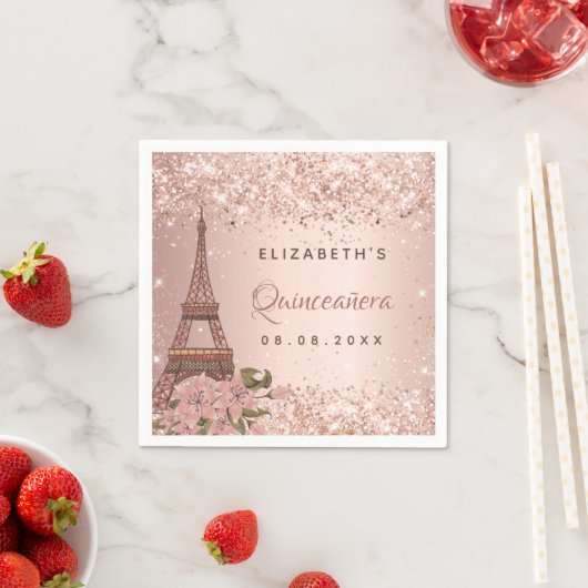 Serviette En Papier Quinceanera or rose Paris Tour Eiffel (En situation)
