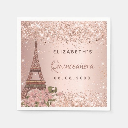 Serviette En Papier Quinceanera or rose Paris Tour Eiffel (Devant)