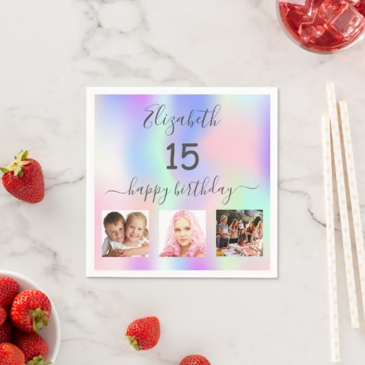 Serviette En Papier Quinceanera parti rose violet photo holographique (En situation)