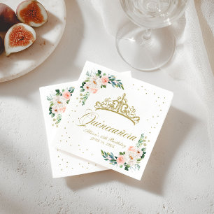 Serviette En Papier Quinceanera Party Gold Tiara Blush Rose Floral
