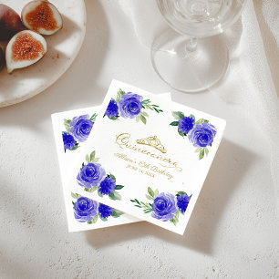 Serviette En Papier Quinceanera Party Gold Tiara Royal Blue Floral