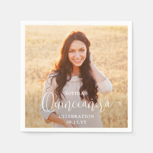 Serviette En Papier Quinceañera Photo et moderne Script blanc tendance (Devant)