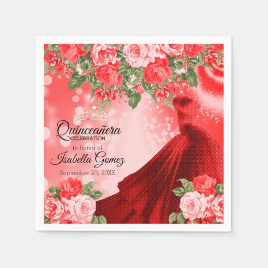 Serviette En Papier Quinceañera Red Gown et Fleurs (Devant)