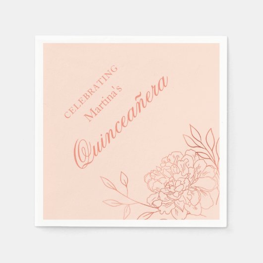 Serviette En Papier Quinceanera Rose Rose Or Fleurs 15e anniversaire (Devant)